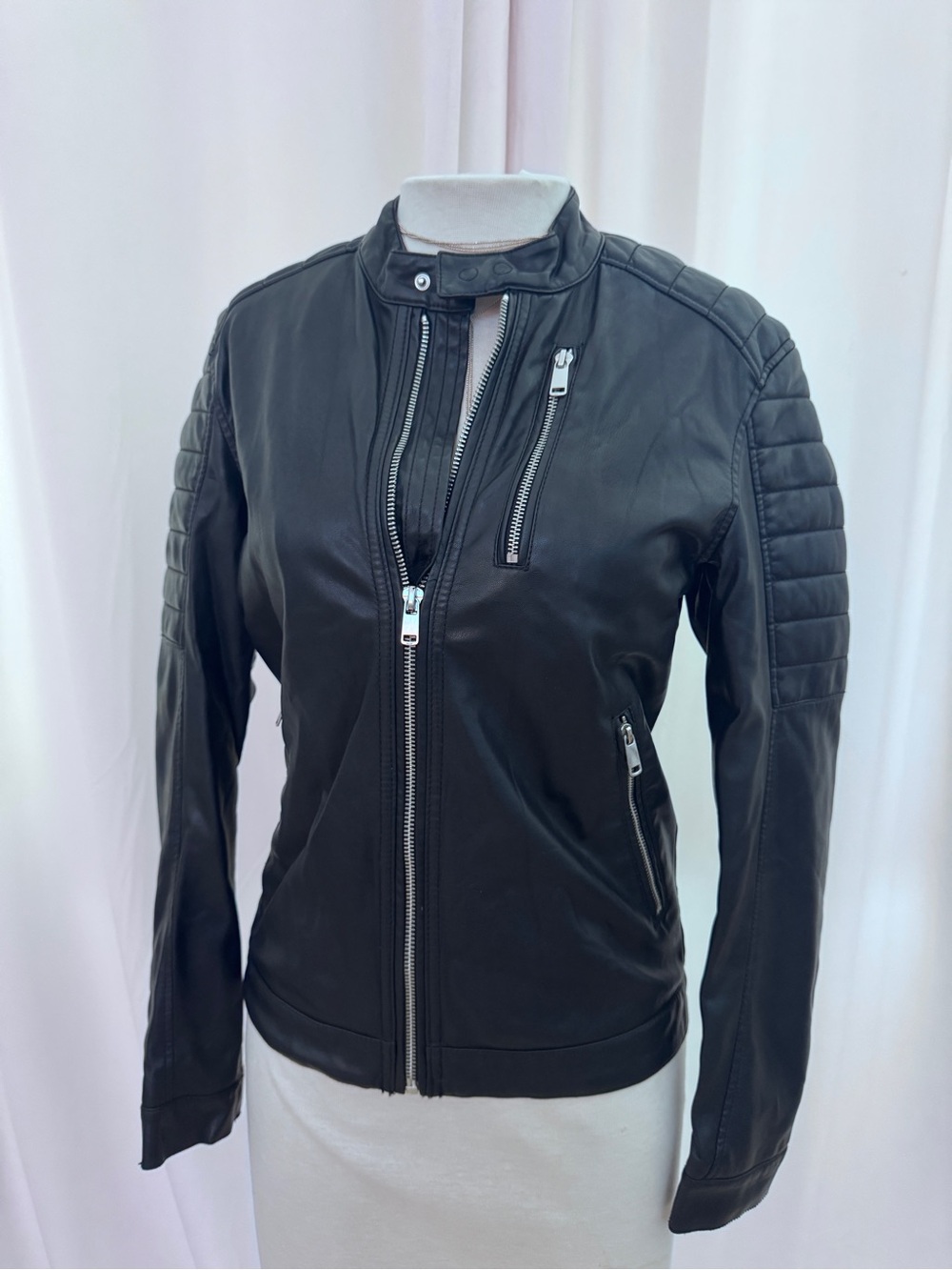 H&M Black Vegan Faux Leather Moto Jacket with Quilted Shoulders